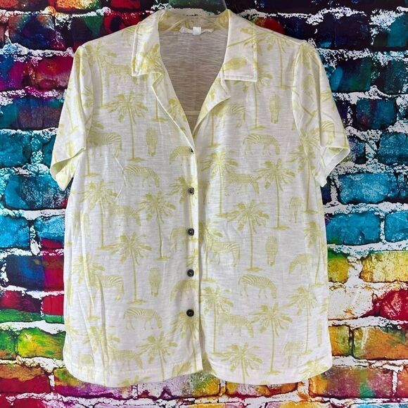 Jane + Delancey Zebra Palm Tree Short Sleeve Button Down Soft Cotton Blend Top M - Picture 1 of 5